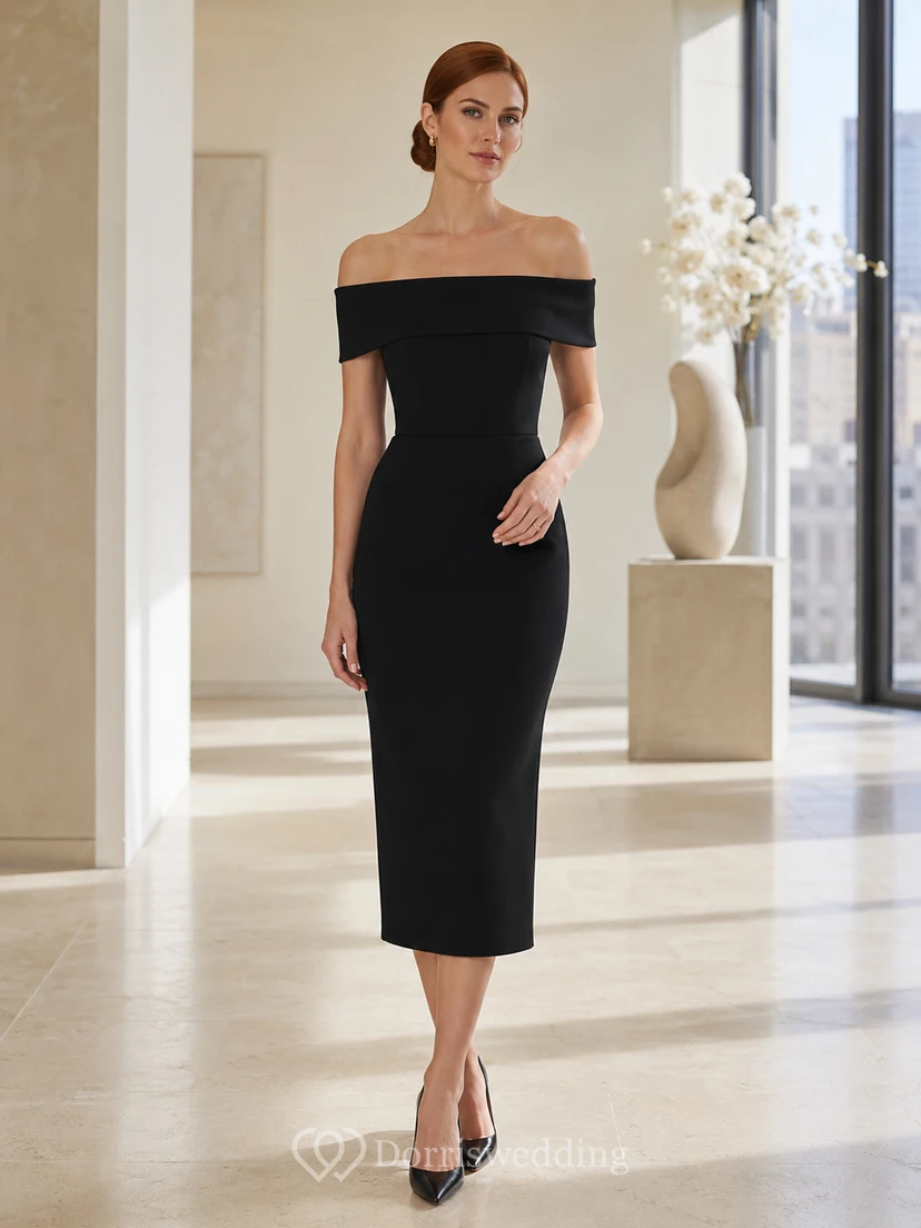 Robe fourreau noire à épaules dénudées, coupe crayon, mi-longue, style moderne citadin