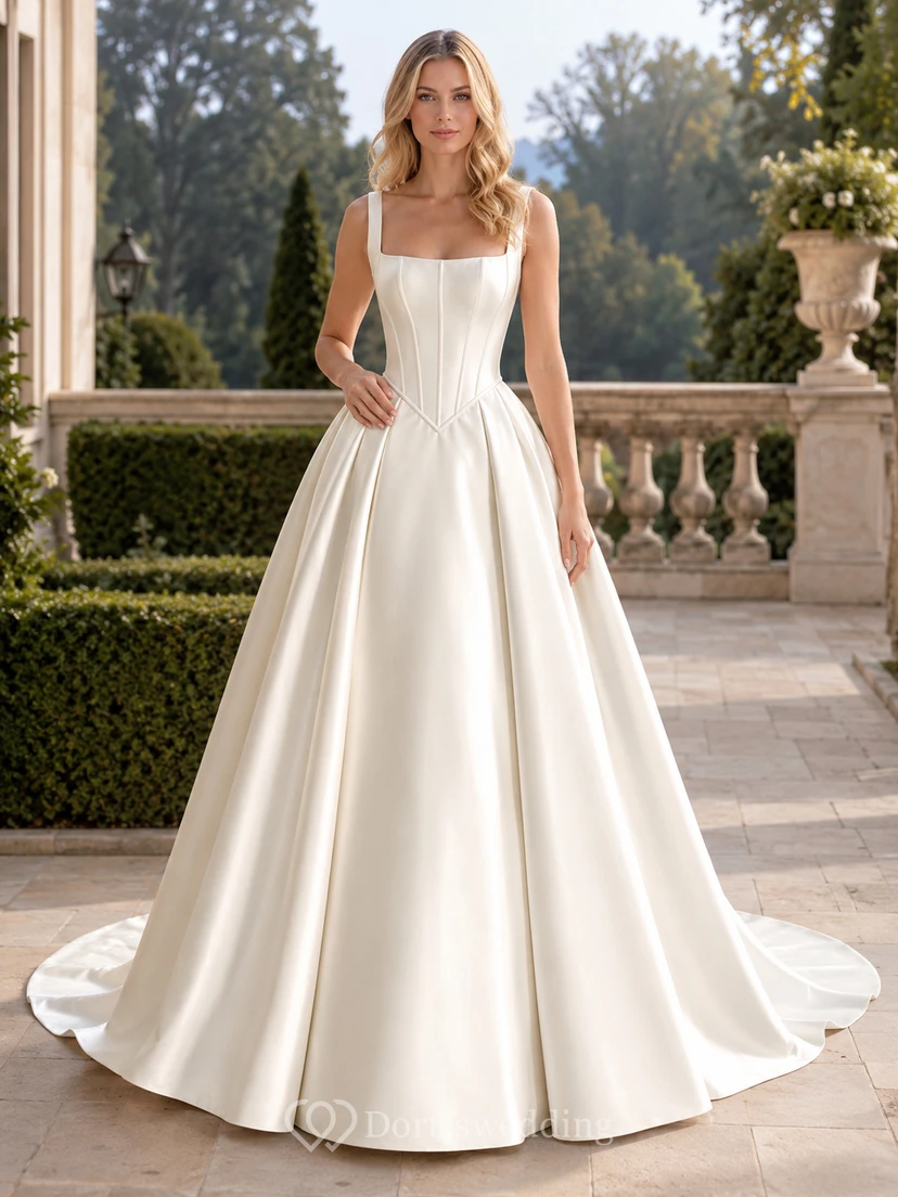 Robe de mariée minimaliste en satin, robe de bal, col carré, sans manches, traîne.