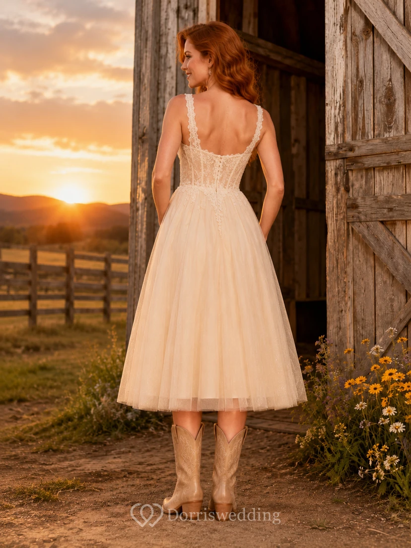 Ranch Country Simple Romantic Casual A-Line Lace Tulle Wedding Dress with Sweetheart Spaghetti Straps Sleeveless Tea-Length Open Back view 2