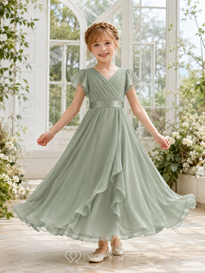 Robe de demoiselle d'honneur en mousseline vert sauge, coupe trapèze, col en V, manches pétales, volants et ruban