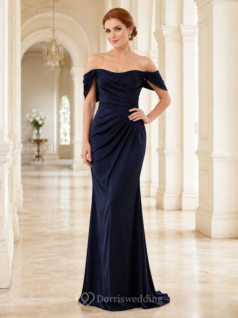 Dunkelblaues, schulterfreies, drapiertes Meerjungfrauenkleid