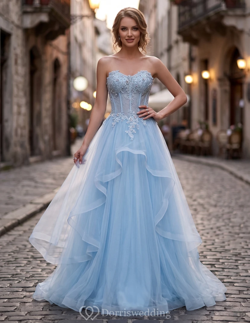 Light Blue Strapless Floral Ball Gown with Ruffles video preview