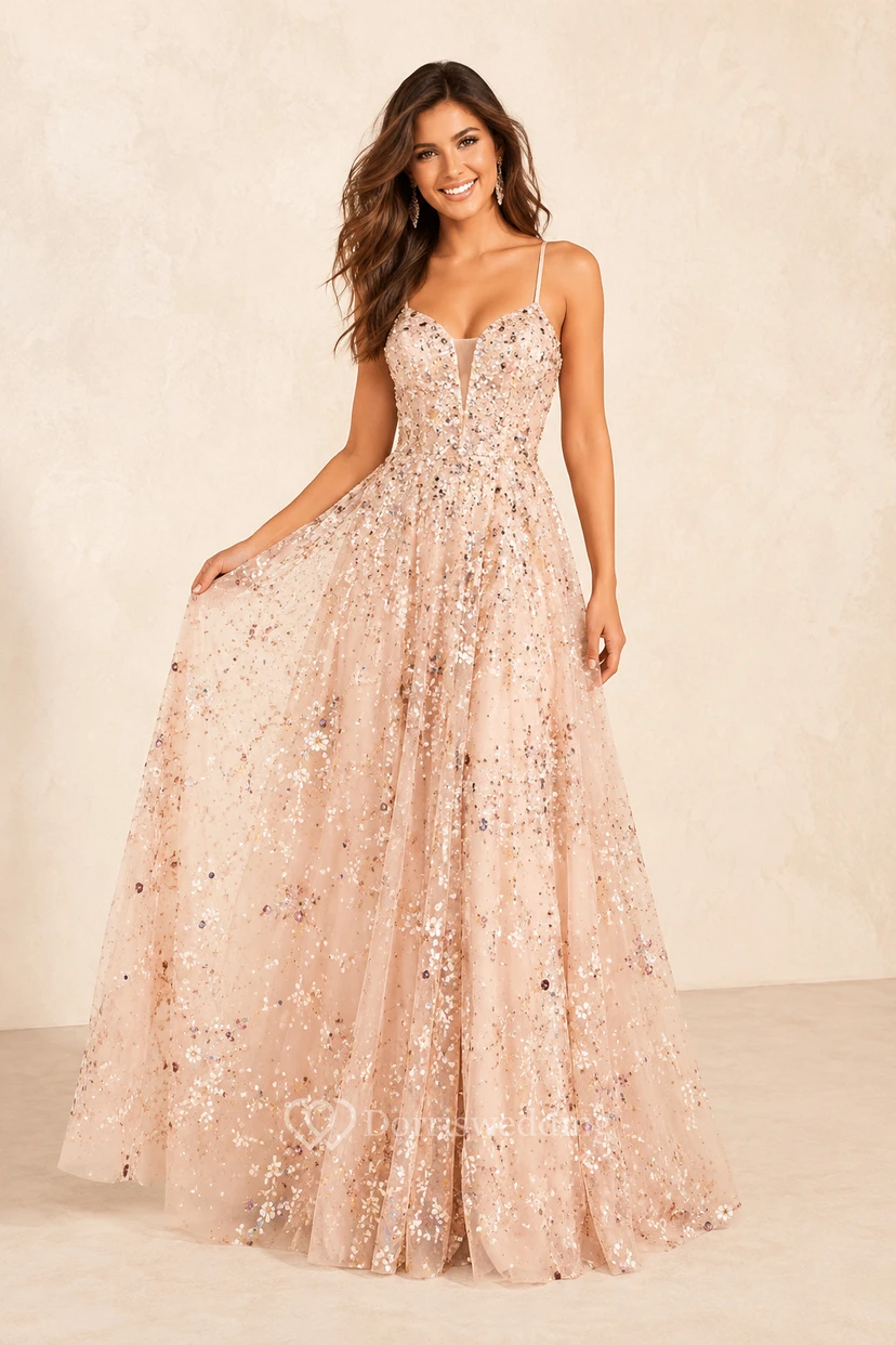 Blushing Pink Glitter Tulle A-Line Formal Dress with Floral Applique