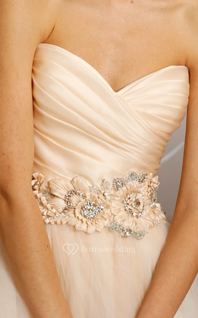 Noble Crisscross Ruched Bodice Tulle Dress With Floral Jeweled Waistband view 4