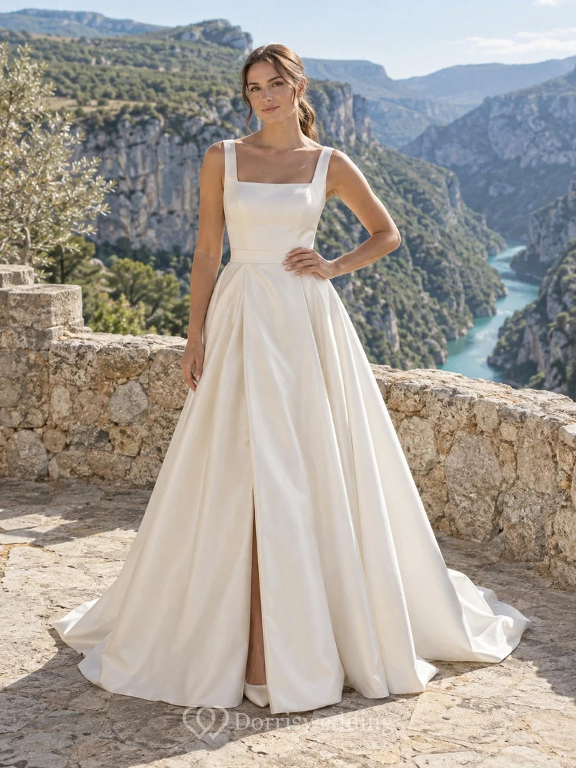 Vestido de novia sencillo de corte A, sin mangas, con escote cuadrado, de satén duquesa, abertura frontal y cola larga.