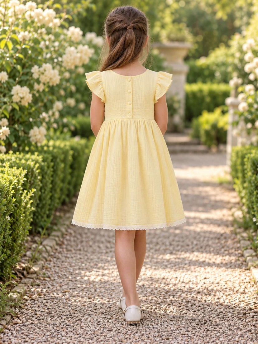 Simple Modest Yellow Knee Length Broad Flutter Sleeve Narrow Smocked Flower Girl Dress