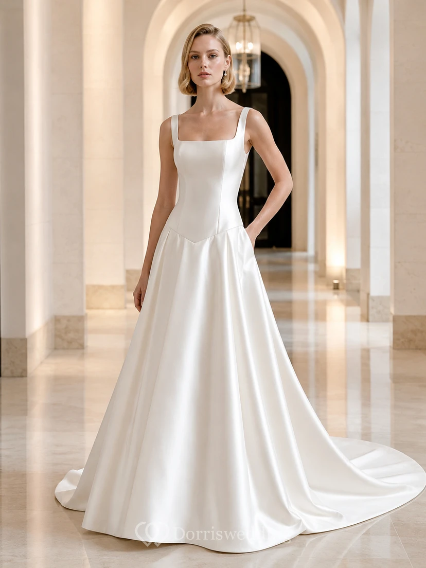 Robe de bal moderne en satin à col carré et nœud papillon, robe de mariée avec traîne chapelle
