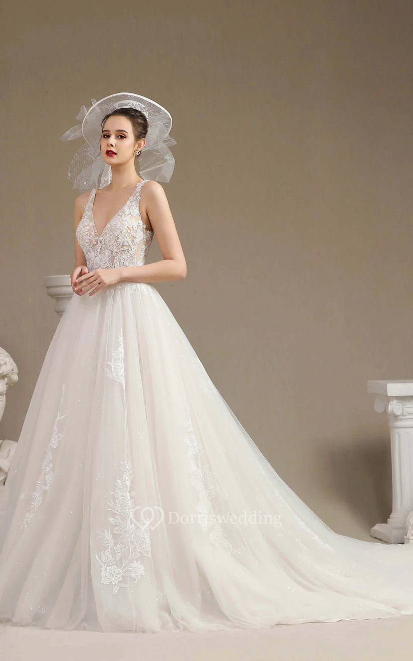 Sexy Plunging V-neck Sleeveless Ballgown Elegant Wedding Dress With V-back And Lace Appliques view 4