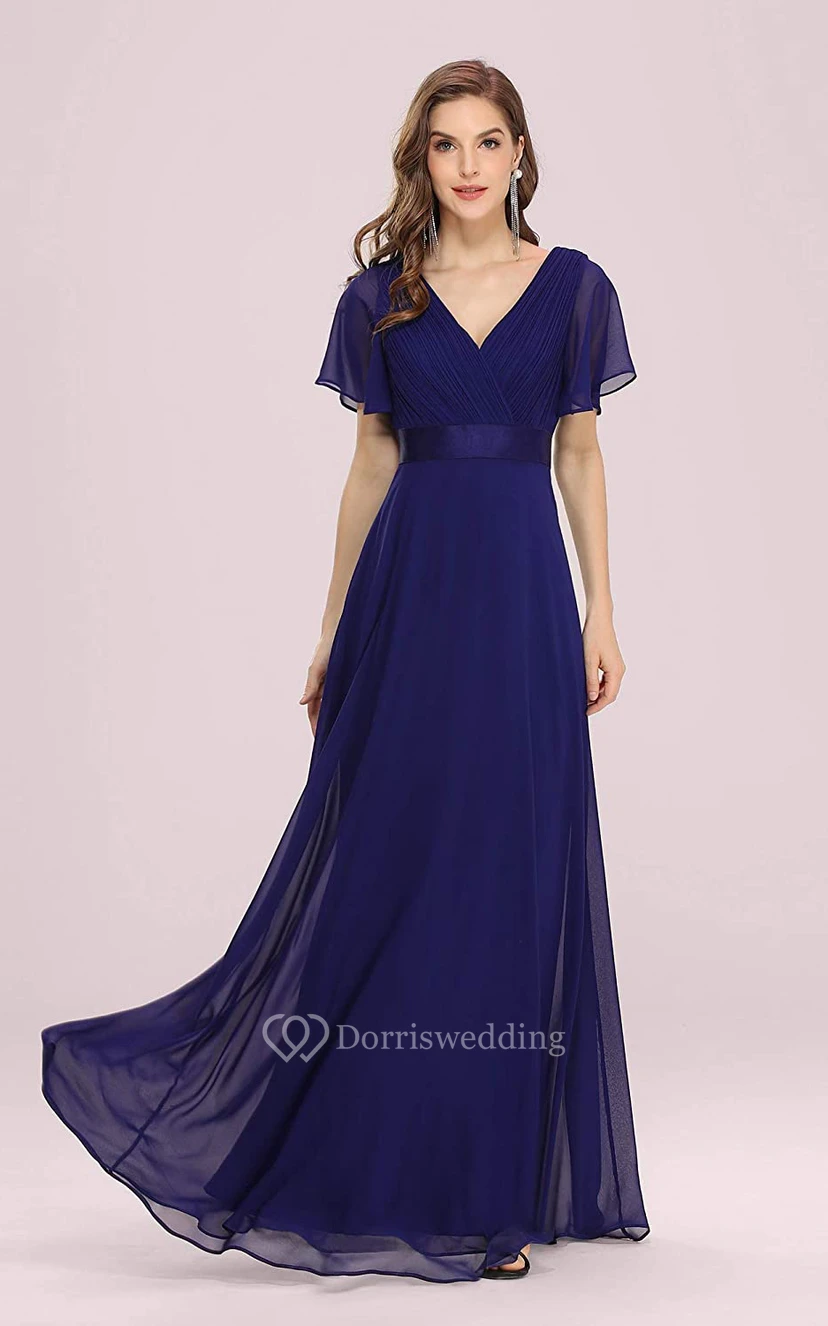 Elegant Chiffon V-neck A Line Short Sleeve Prom Mother Dress With Ruffles view 15