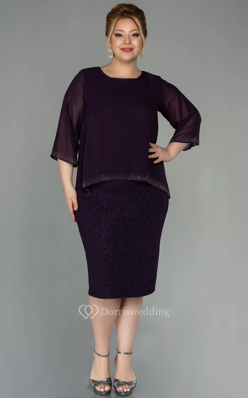 Bateau-neck Long Sleeve Pencil Knee-length Sequin Plus Size Mother of Bride Dress view 5