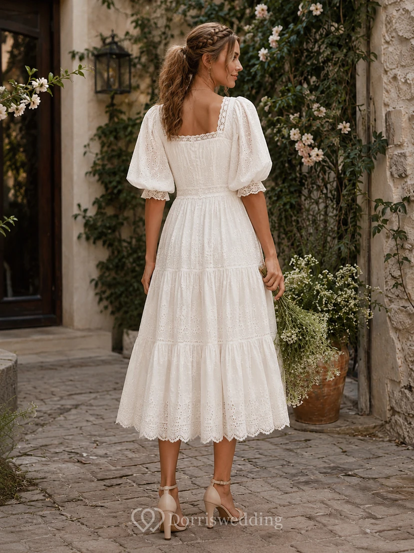 Boho Tea Length Eyelet Wedding Dress with Puff Sleeves, Square Neckline & Tiered Cottagecore Midi Skirt view 2