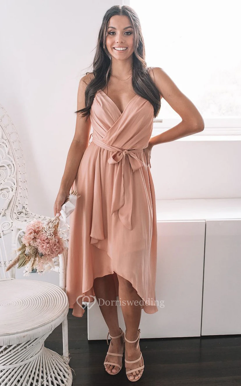 Empire V-neck Spaghetti Strap High Low Chiffon Bridesmaid Dress with Ruching and Bow view 2