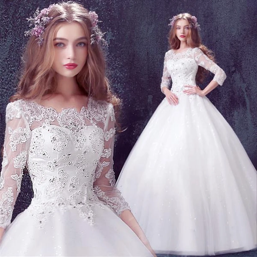 Romantic Tulle Lace Beadings Wedding Dress 3-4-Long Sleeve Princess view 3