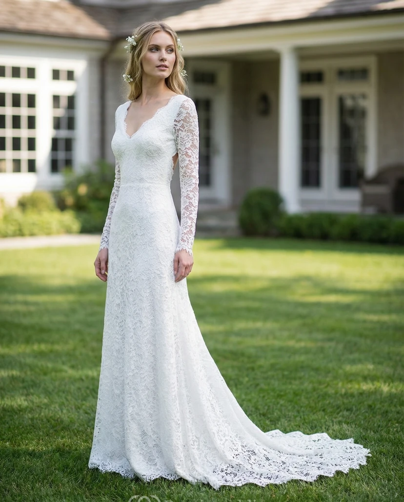 Vestido de novia de corte A con escote en V y encaje.