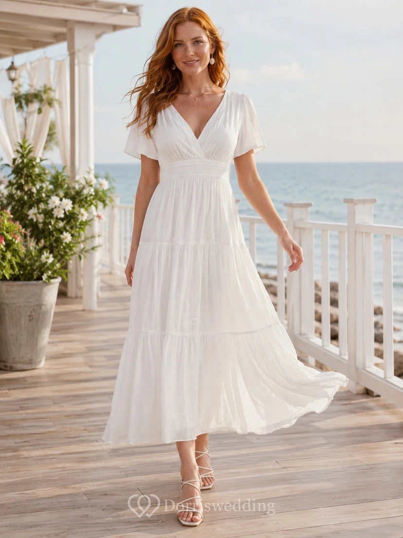 White V-Neck Short-Sleeve Chiffon A-Line Ankle-length Tiered Casual Guest Dress