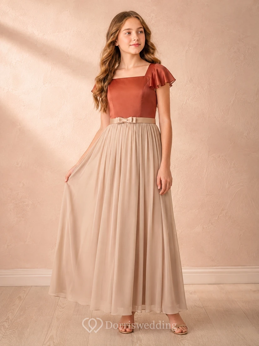 Papayafarbenes Brautjungfernkleid für junge Damen, A-Linie, eckig, kurze Ärmel, Rüschen, romantisch
