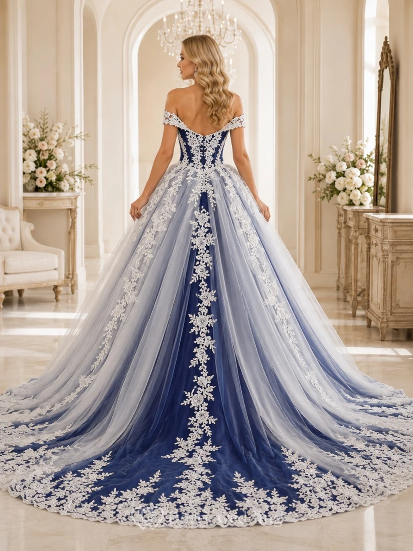 Königsblaues, elegantes Ballkleid mit schulterfreiem Schnitt, kurzen Ärmeln und Tüll-Kapellen-Flair view 2