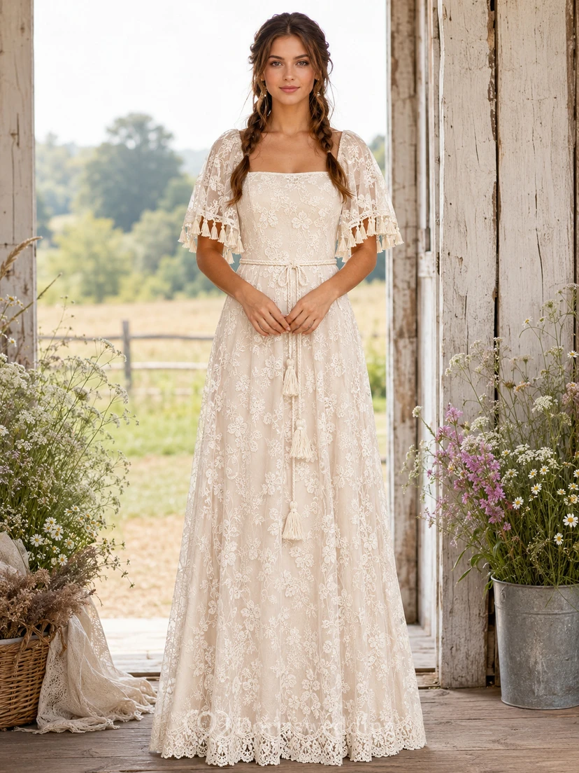 Robe de mariée champêtre en dentelle, fourreau, col carré, manches courtes, longueur au sol
