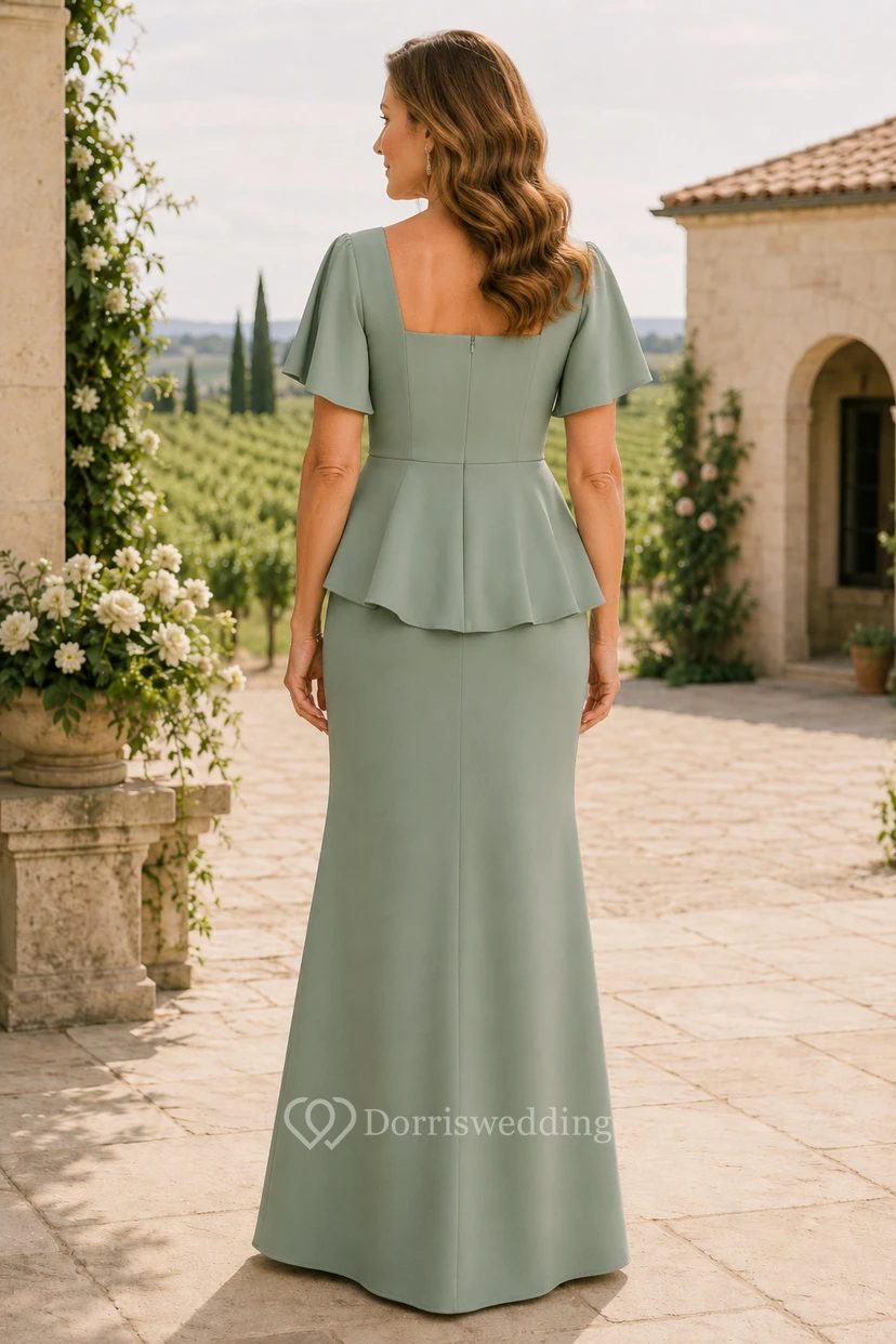 Salbeigrünes Meerjungfrauen-Kleid mit eckigem Ausschnitt aus Stretch-Satin view 2