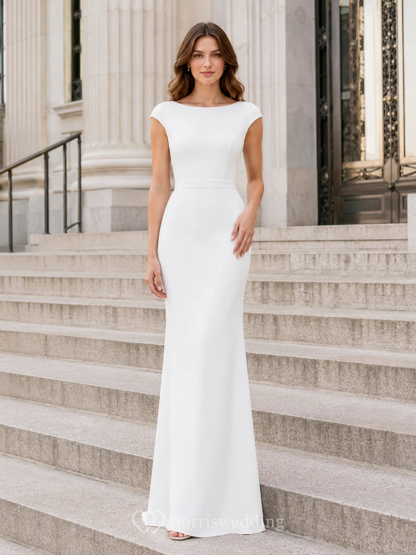Cap Sleeve Crepe Bateau Minimalist City Hall Bridal Gown