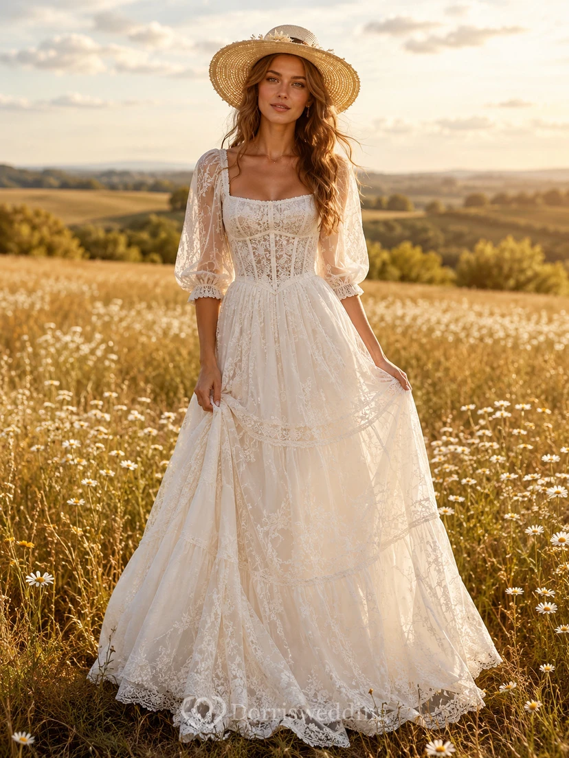 Boho Square Neck Puff Sleeve A-Line Country Wedding Dress