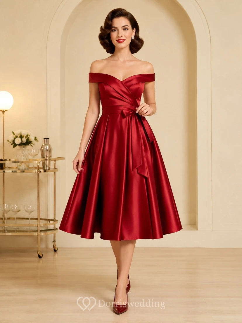 Vintage rotes, teelanges, schulterfreies A-Linien-Cocktailkleid aus Satin im Stil der 1950er Jahre