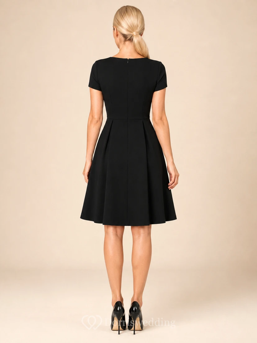 Black Bateau Short Sleeve Simple A-Line Knee Cocktail Dress Court view 2