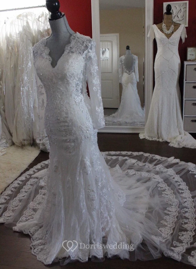 Mermaid Lace V-Neck Bridal Dress With Illusion Back