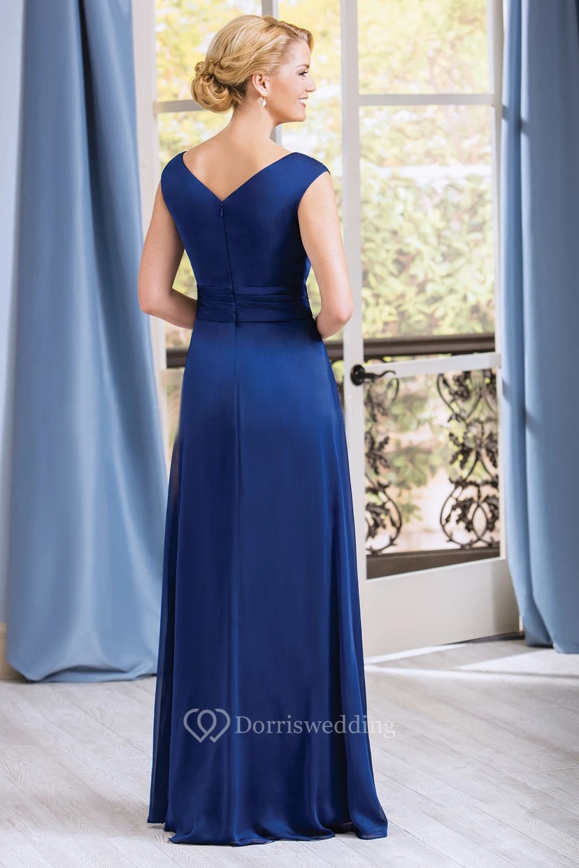 Cap-Sleeved V-Neck A-Line Gown With Appliqued Neckline view 2