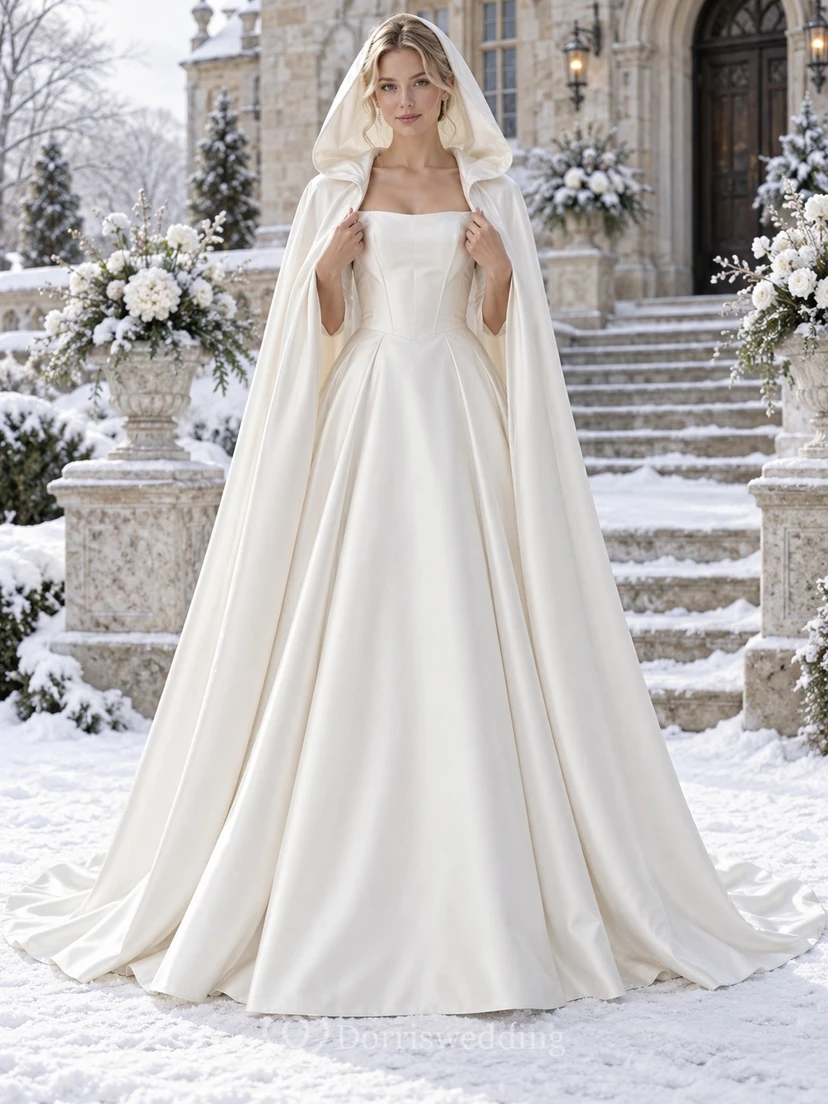 Vestido de novia sencillo de invierno con capucha y capa, sin tirantes, de satén y corte en A.