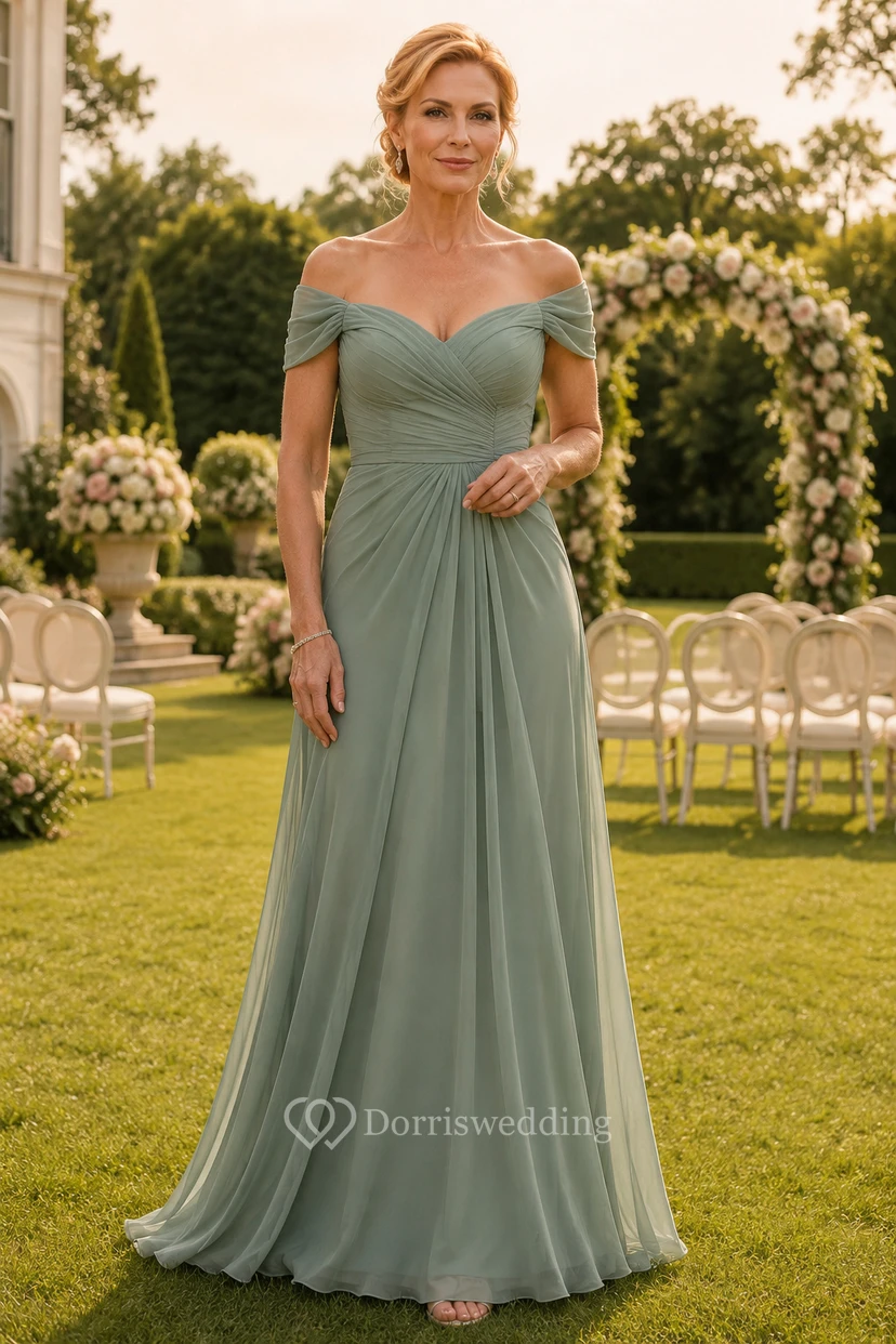 Salbeigrünes schulterfreies Chiffon-A-Linien-Kleid für Mütter