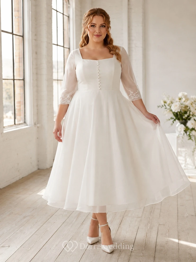 Preisgünstiges Chiffon-Brautkleid in Übergröße mit eckigem Ausschnitt, Dreiviertelärmeln, A-Linien-Schnitt und Teelänge