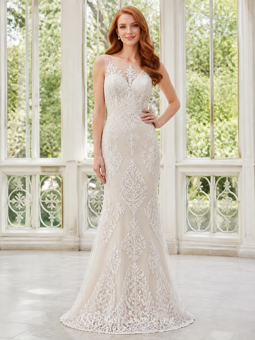 Vestido de novia modesto, de corte recto, cuello alto, sin mangas y largo hasta el suelo, de encaje.