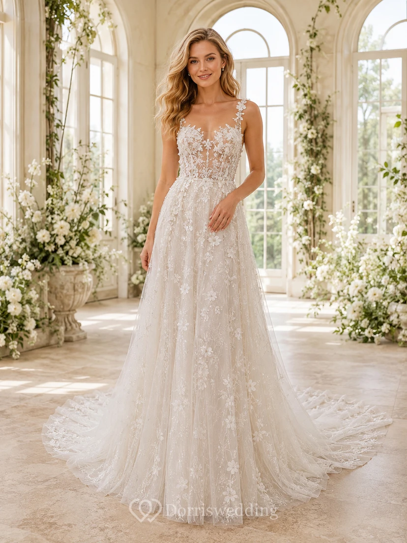 Robe de mariée en dentelle et tulle épurée, décolleté en V profond, sans manches, coupe trapèze, traîne chapelle, ornée d'appliqués floraux, idéale pour la réception.