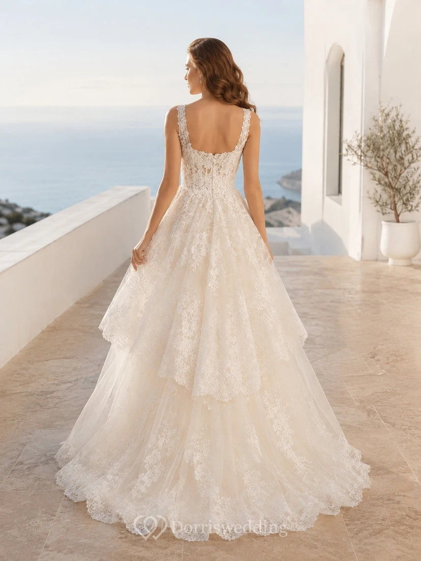 Ballkleid mit eckigem Ausschnitt, Spitze, Hofschleppe, Brautkleid, festlich view 2
