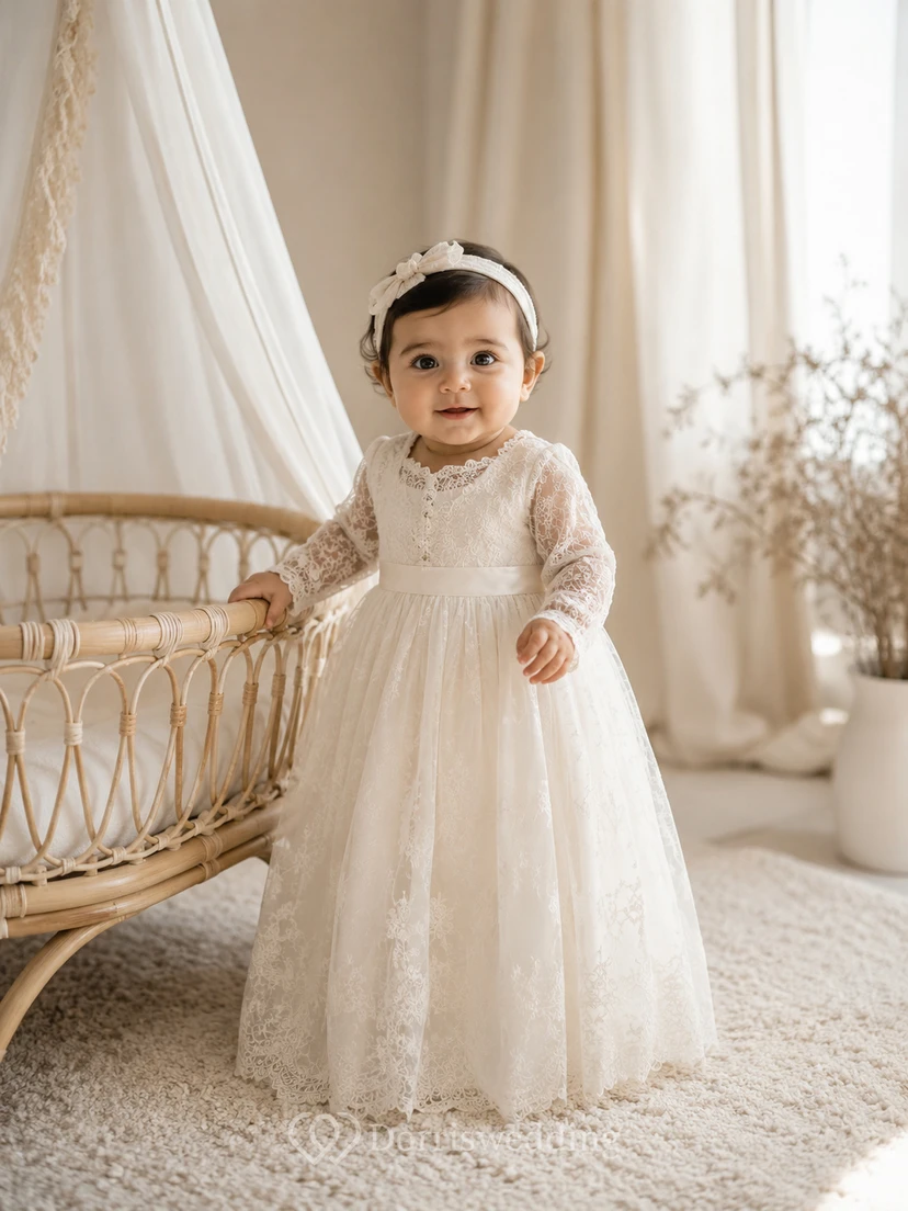 Long Sleeve Lace Baby Christening A-Line Floor-Length Tulle Gown