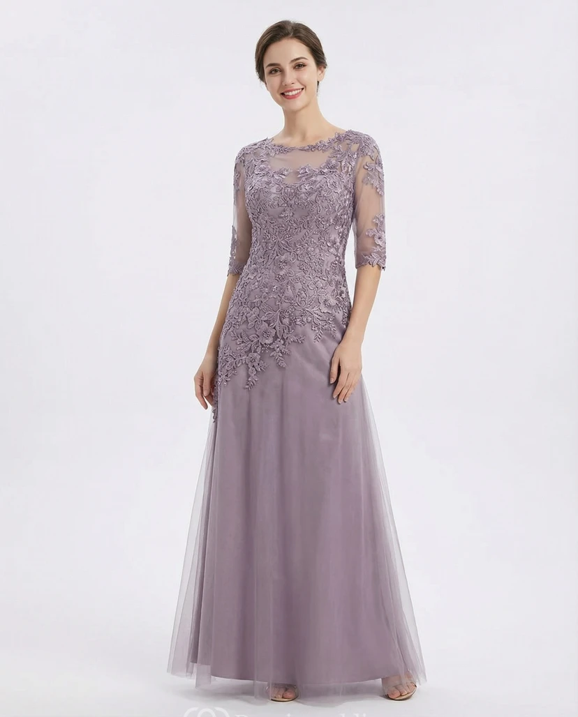 Vestido formal de encaje malva con corte en A y mangas tres cuartos - Vestido para la madre de la novia