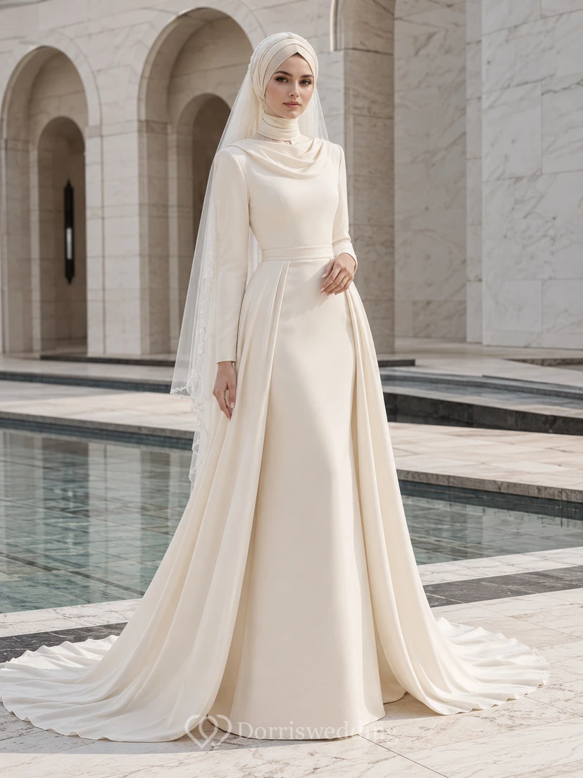 Schlichtes Brautkleid mit Hijab, hohem Kragen und Satincape in A-Linie