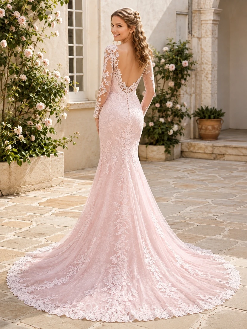 Vestido de novia elegante y romántico de manga larga estilo sirena boho, edición A de encaje. view 2