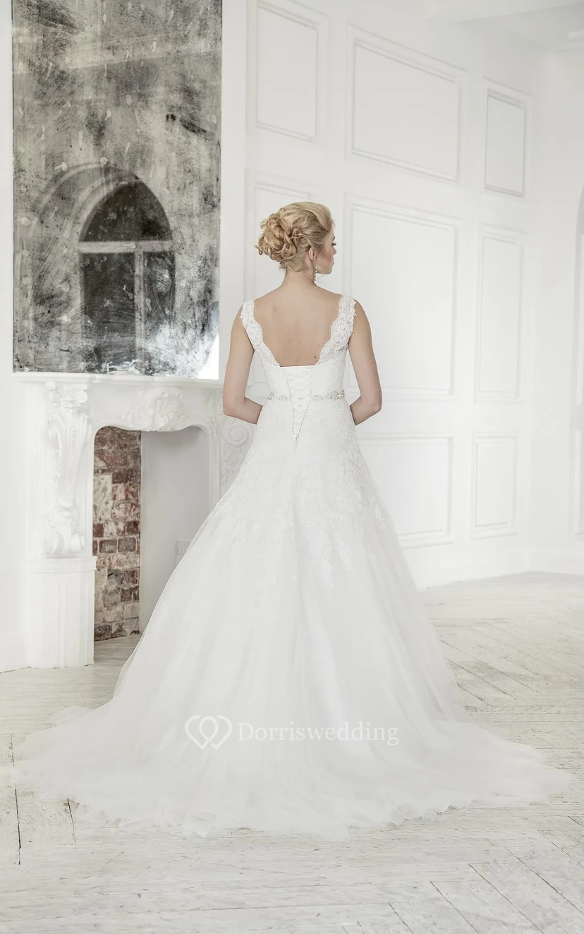 A-Line Long V-Neck Sleeveless Low-V-Back Lace Tulle Dress With Waist Jewellery view 3