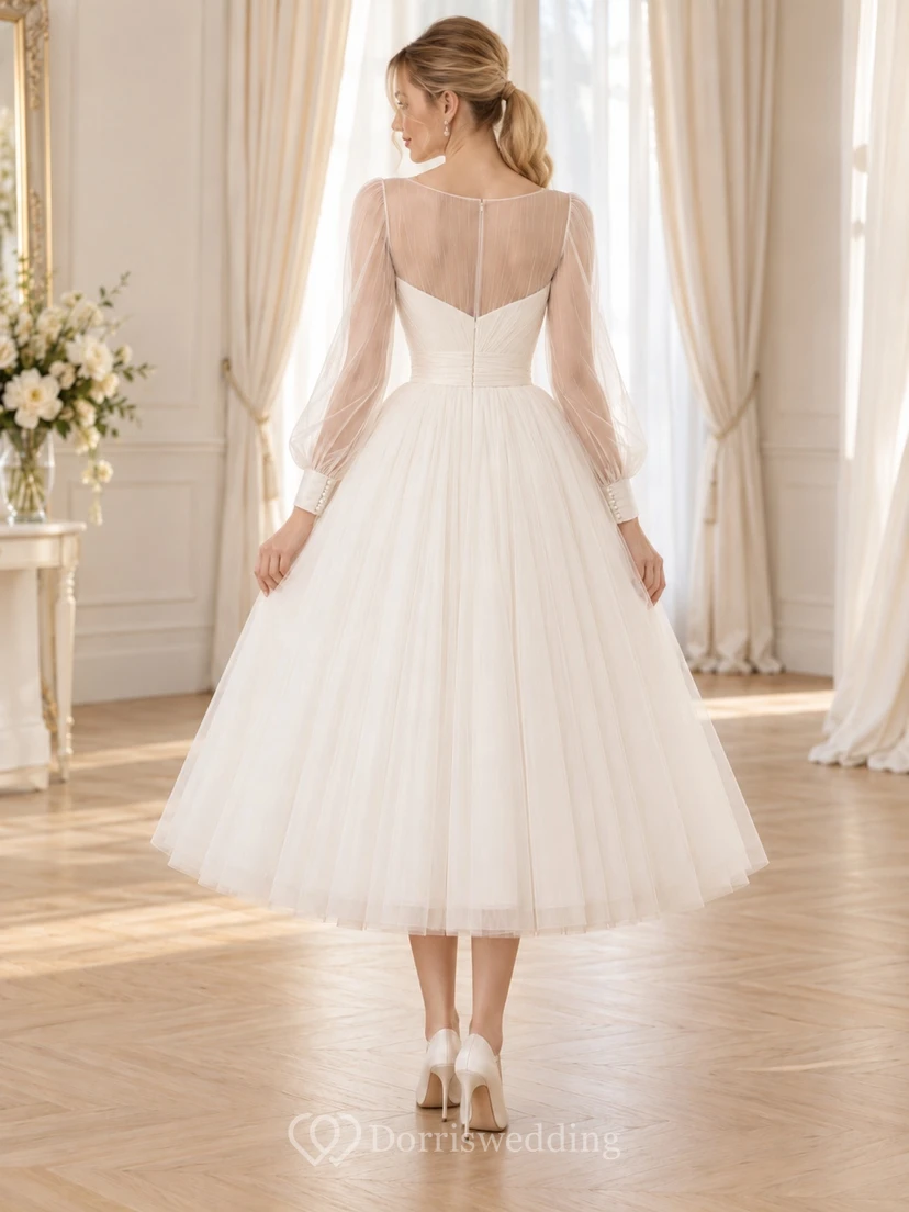 Tea-length Simple Long Sleeve Illusion Tulle A-line Civil Wedding Dress view 2