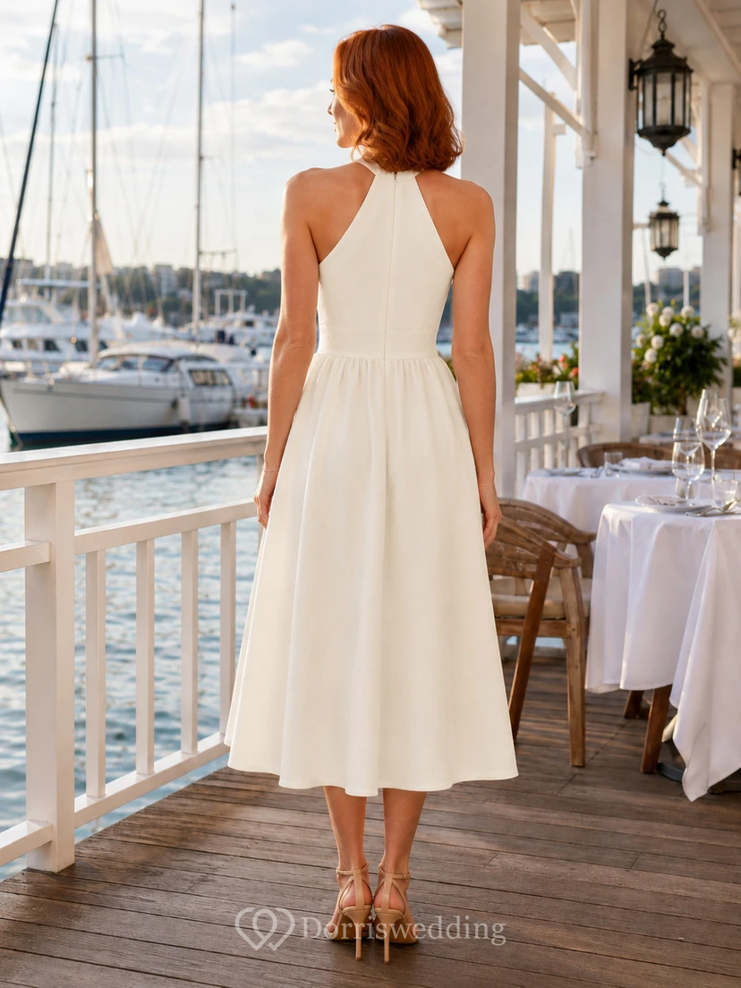 Vestido midi de compromiso con escote halter y pliegues, corte A, estilo playero. view 2