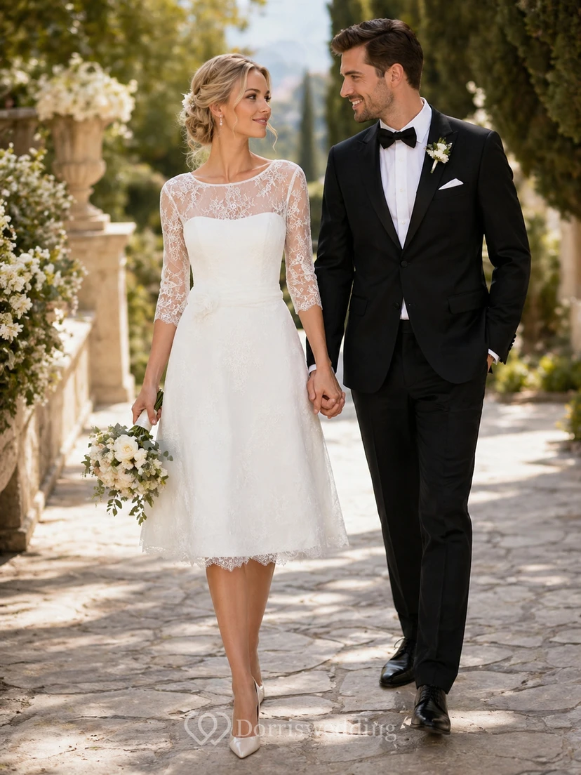 Robe trapèze courte à col rond et décolleté évasé, ornée de perles, de fleurs, d'une fermeture éclair, de dentelle et de sequins