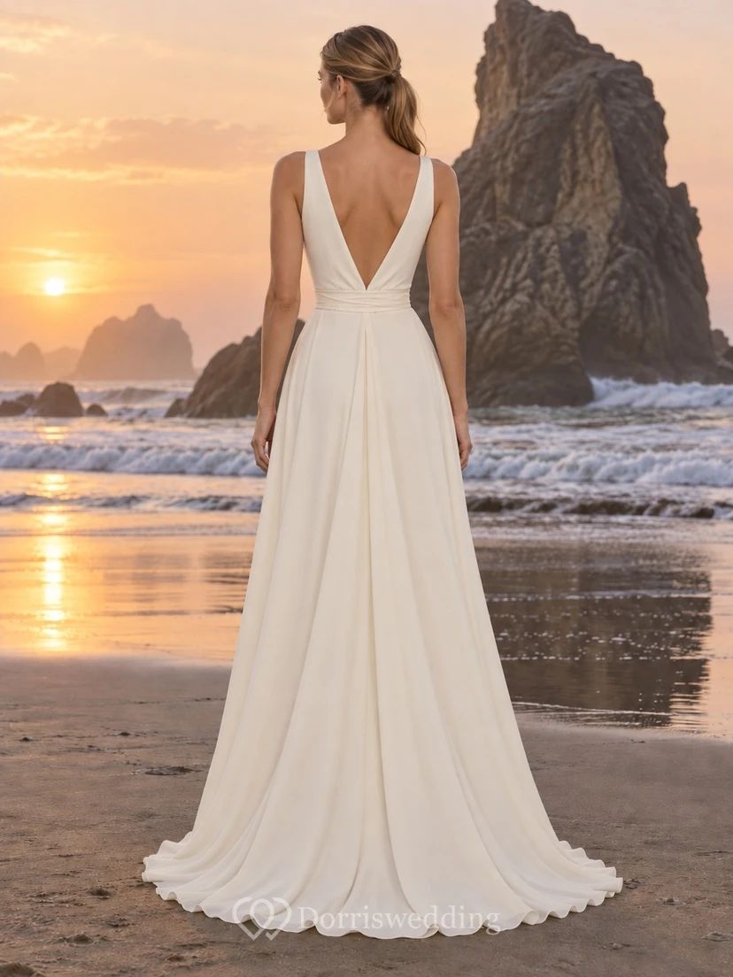 Simple V-Neck Sleeveless Draped Crepe de Chine A-Line Floor Length Wedding Dress view 2