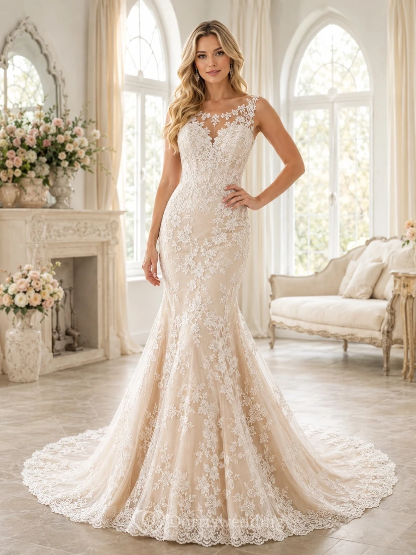 Champagne Lace Mermaid Bridal Dress V-neck Sleeveless Sweep Train Romantic