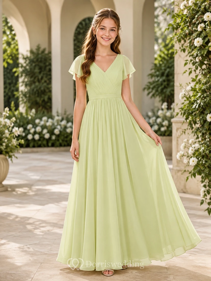 Elegantes, limettengrünes Brautjungfernkleid für junge Frauen, A-Linie, V-Ausschnitt, kurze Blütenblattärmel, Chiffon