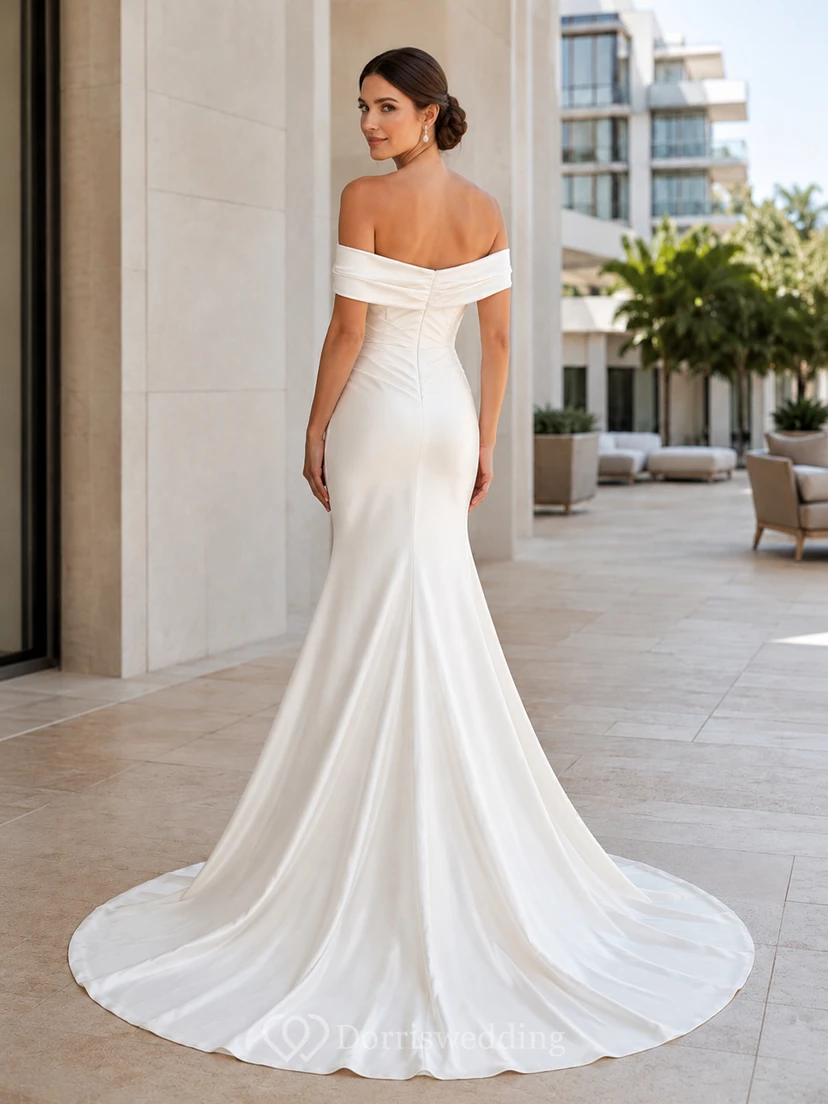 Minimalist Satin Wedding Dress Mermaid Off Shoulder Court Train Bridal Gown view 2