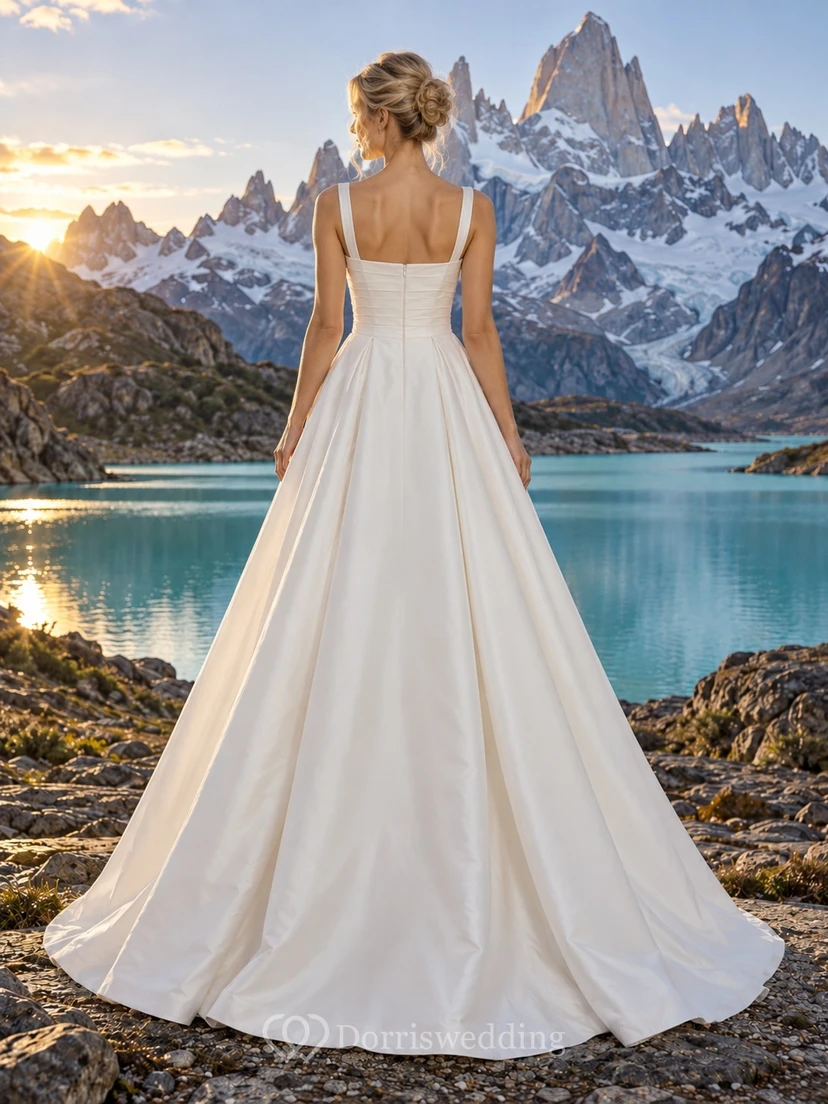 Sencillo vestido de novia de tafetán con escote cuadrado, tirantes, corpiño con pliegues y falda en línea A. view 2