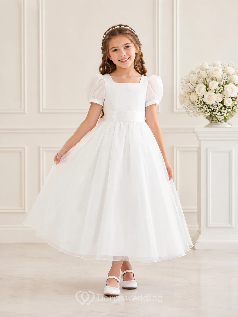 Teelängenkleid aus Tüll mit quadratischem Ausschnitt, Puffärmeln und Blumenmädchen-Flair für Kommunion, Kommun
