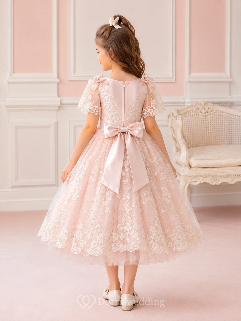 Vestido de niña de las flores, color rosa empolvado, encaje y tul, corte en A, cuello joya, largo hasta la rodilla. view 2